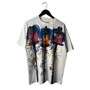 Vintage 90s Bird House Painted T Shirt Adult White XL Extra Large Single Stitch